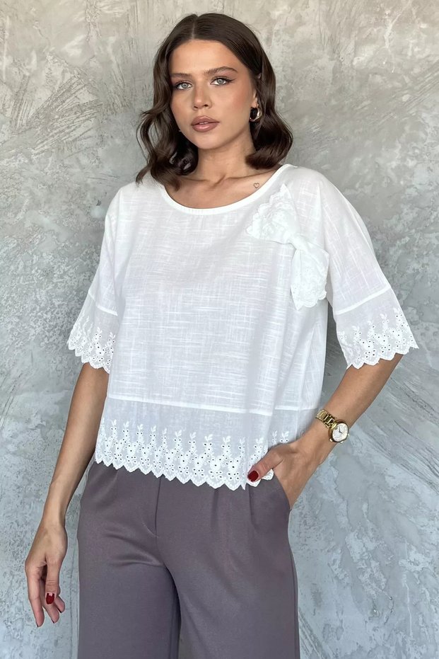Women's Linen Blouse with Ribbon Detail