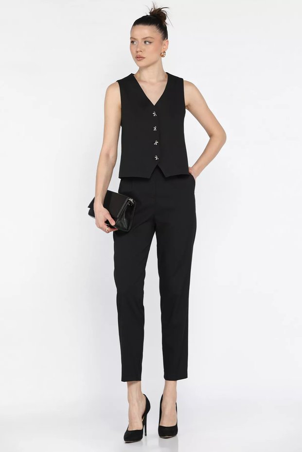 Women's Button Detailed Lined Vest and Trousers Two-Piece Set