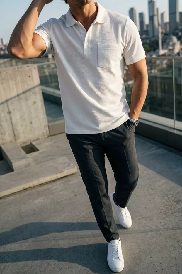 Polo Collar T-Shirt with Front Button Pockets