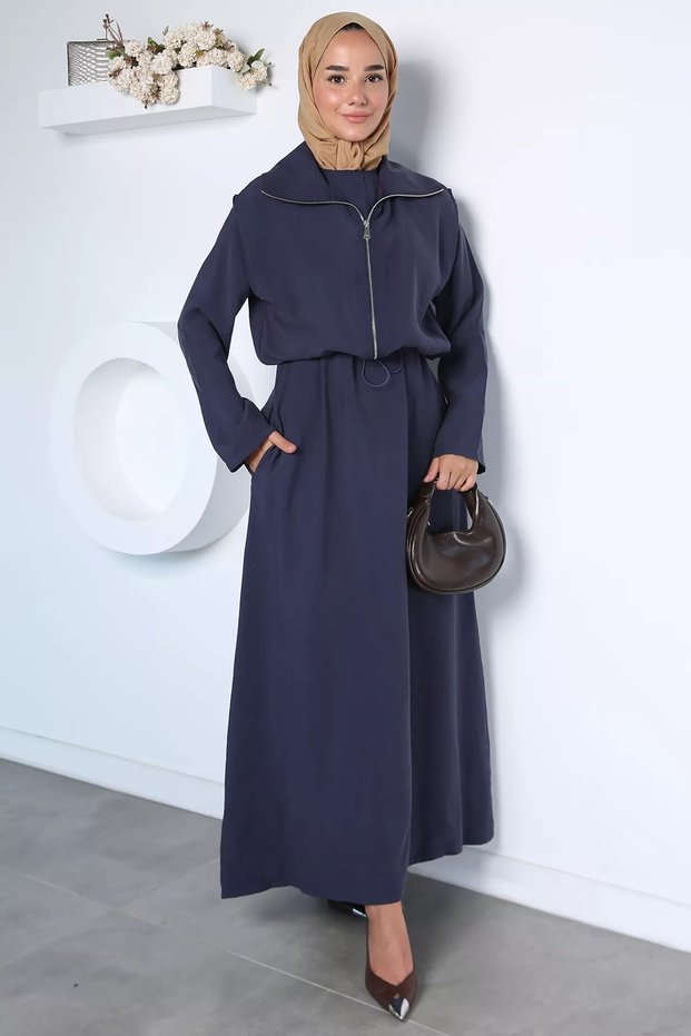 Long Sleeve Dress with Elastic Waist and Zippered Vest, Islamic Clothing, Two-Piece Set