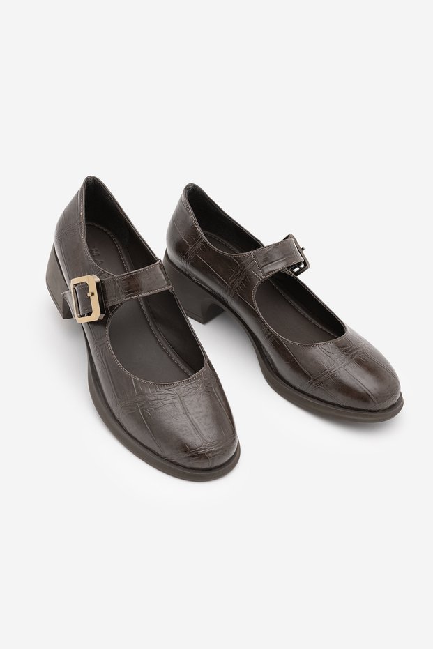 Women's Loafer Buckle Casual Thick Classic Heeled Shoes Meniz Brown Croco