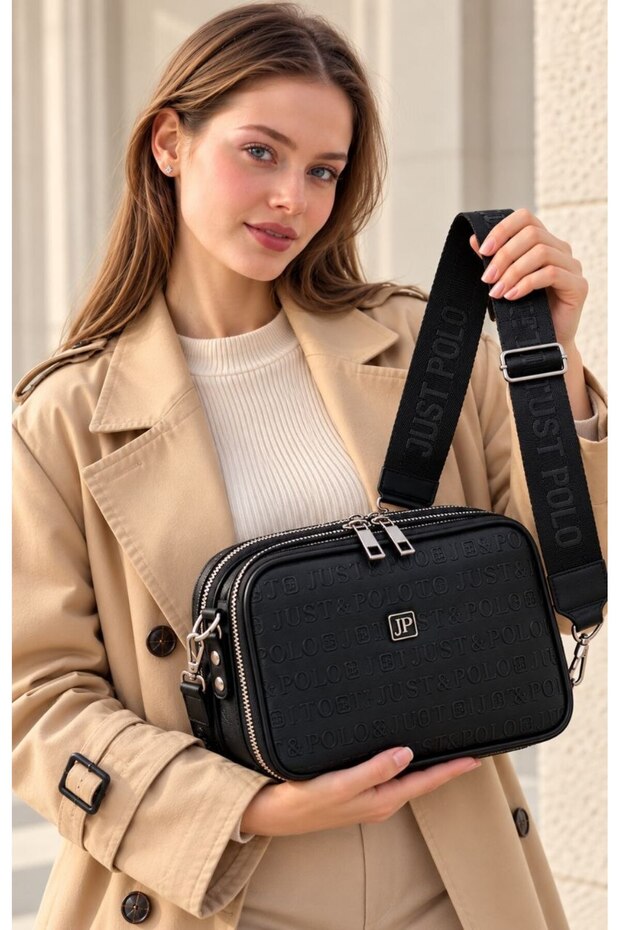 Justpolo Women's Black 5-Compartment Adjustable Long-Strap Shoulder Bag Messenger Bag
