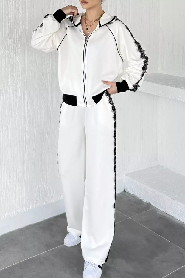 Gülseli Women's Scalloped Hooded Sweat Palazzo Pants Two-Piece Set