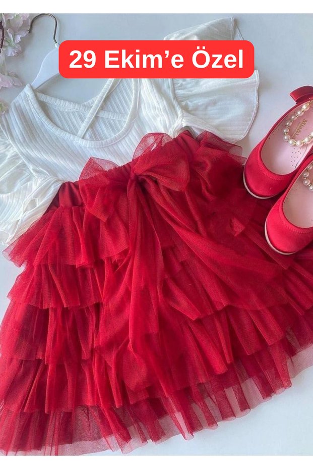 Cotton Fabric Red Tutu Skirt with Elastic Waist Girl's Holiday Outfit
