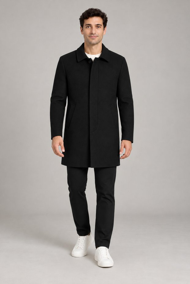 Men's black slim fit cashmere coat classic collar short cut winter overcoat