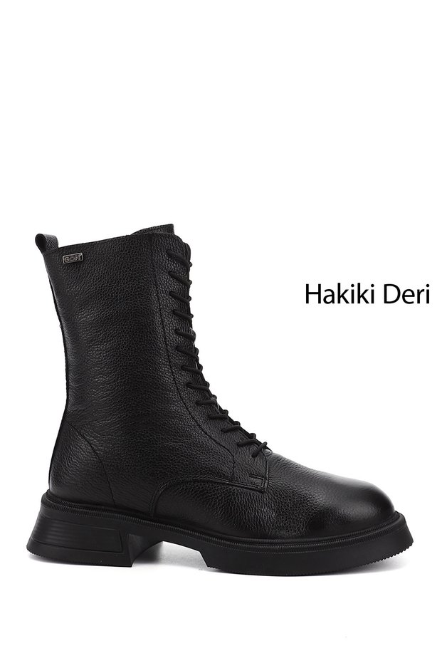 Women's Black Floater Zippered Thick Sole Genuine Leather Boots