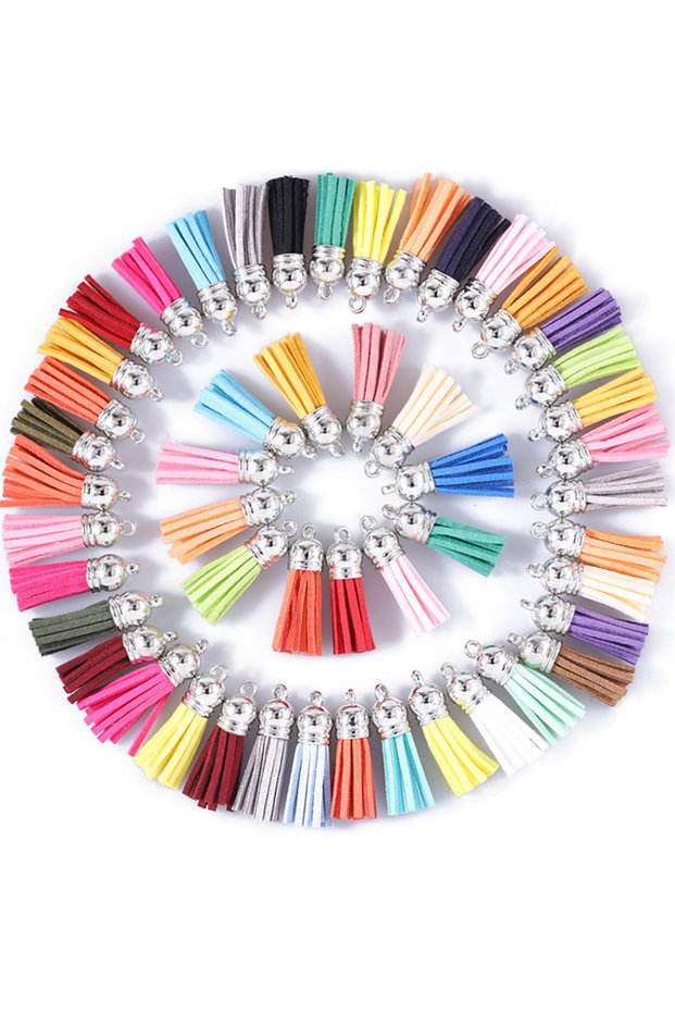 Random 10PCs 10pcs/20pcs 36mm Leather Tassel Charms Silver Color Cap Earring Keychain Pendant Straps