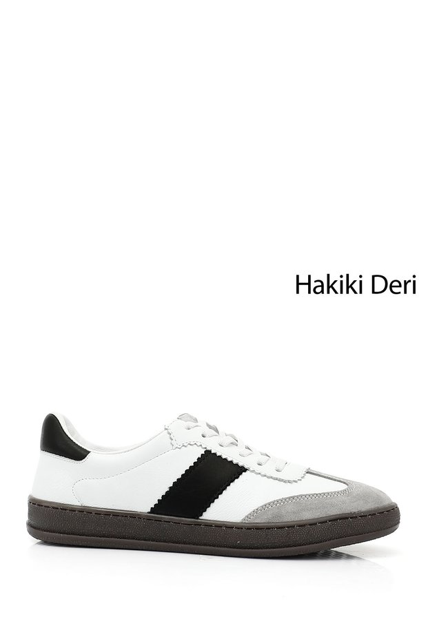 Women's White and Black Lace-Up Genuine Leather Sneaker