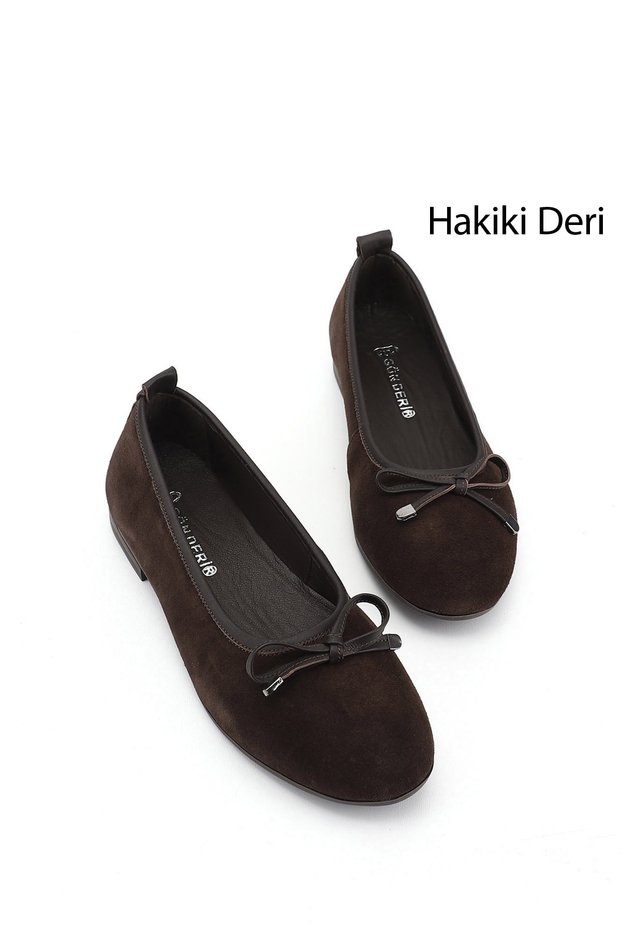Women's Brown Suede Bowknot Genuine Leather Ballerinas