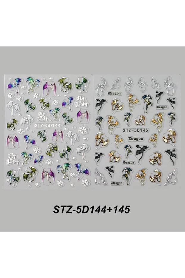 STZ-5D144-145 1/2PC 5D Y2K Embossed Dragon Nail Sticker Gradient Metallic Flying Dragon Snowflake De