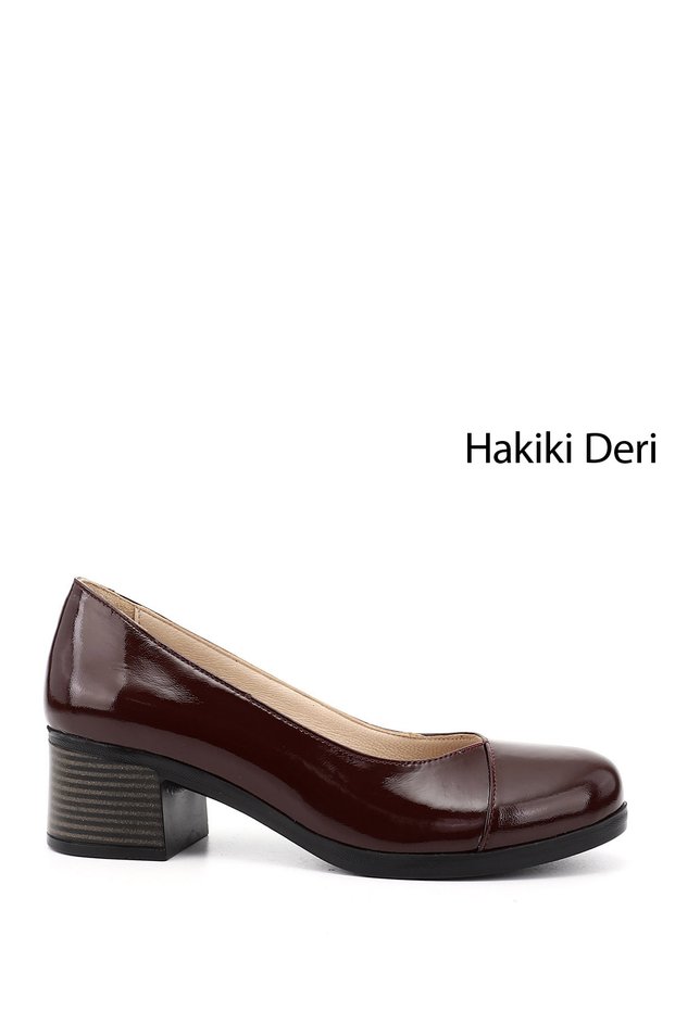 Women's Burgundy Patent Leather Short Thick Heeled Genuine Leather Shoes