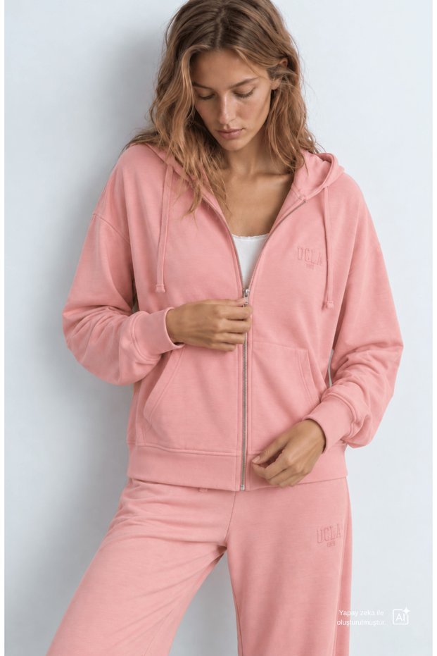 Allura Pink Hooded Gofre Printed Soft-Textured Modal Fabric Loose Fit Women's Sweatshirt