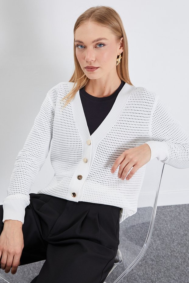 Buttoned V-Neck Openwork Knitwear Cardigan