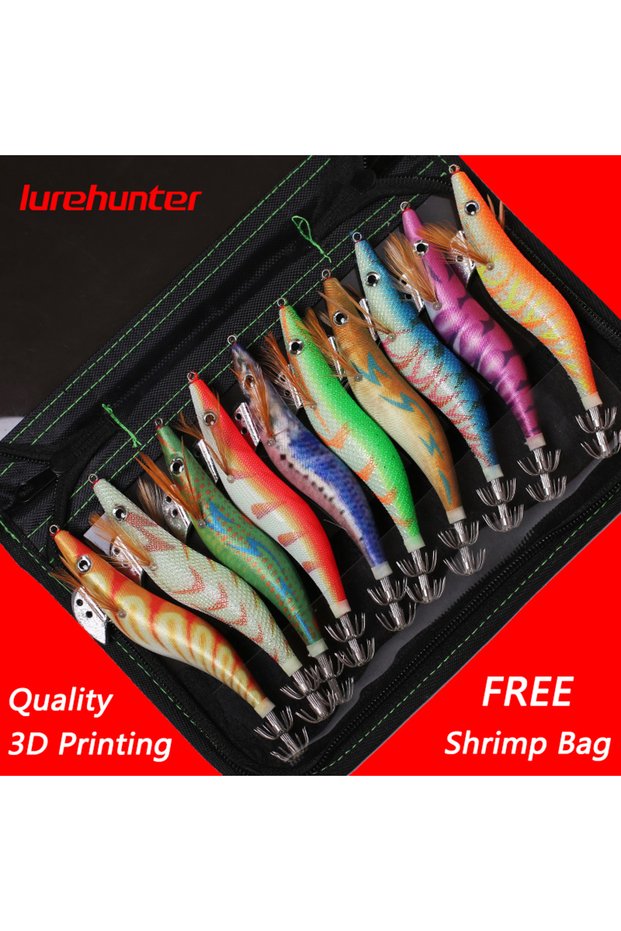 10cm-11.7g 10PCS with Shrimp Bag 3D Printing 2.5 3.0 3.5 Hook Luminous Squid Jig Fishing Wood Shrim
