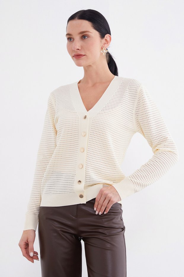 Buttoned V-Neck Openwork Knitwear Cardigan