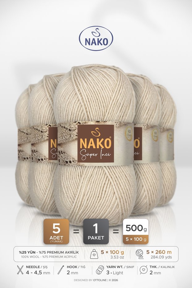 Super Pearl • Mushroom Beige (6383) • 5-Pack × 100 Gr / 260 m • Wool Blend Hand Knitting Yarn • Scarf, Vest, Sweater