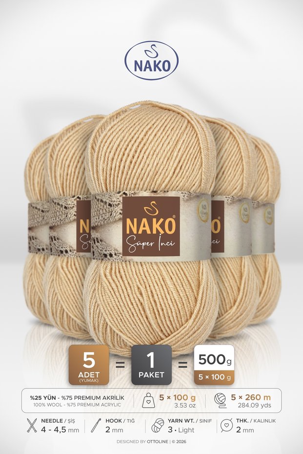Super Pearl • Camel Hair (219) • 5-Pack × 100 Gr / 260 m • Wool Blend Hand Knitting Yarn • Scarf, Vest, Sweater