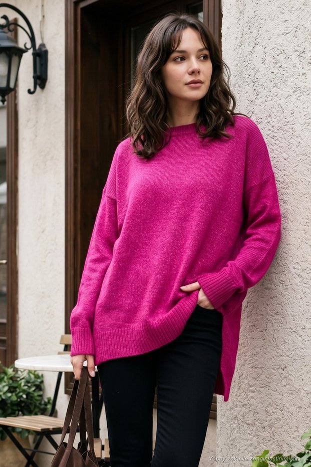 Relaxed Cut Slit Detailed Crew Neck Sweater Women's Sweater 4616142Y