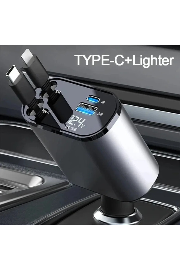 Black 4 in 1 120W Car Charger Retractable Car Cigarette Lighter Adapter USB Type C Fast Charger Cabl