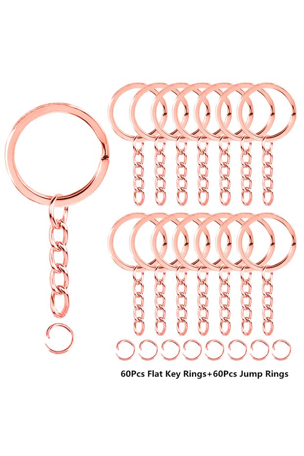 60 Sets Rose Golden 60 Sets Flat Key Chain Rings Bulk Metal Key Ring with Chain Jump Rings for Keych