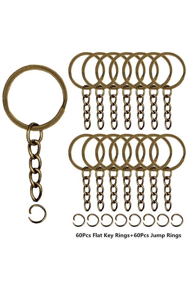 60 Sets Bronze 60 Sets Flat Key Chain Rings Bulk Metal Key Ring with Chain Jump Rings for Keychain H