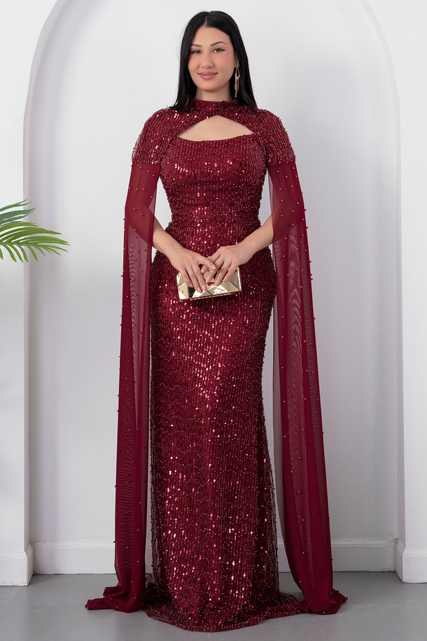 Strapless Neckline Beaded Shawl Detail Dress Etk503