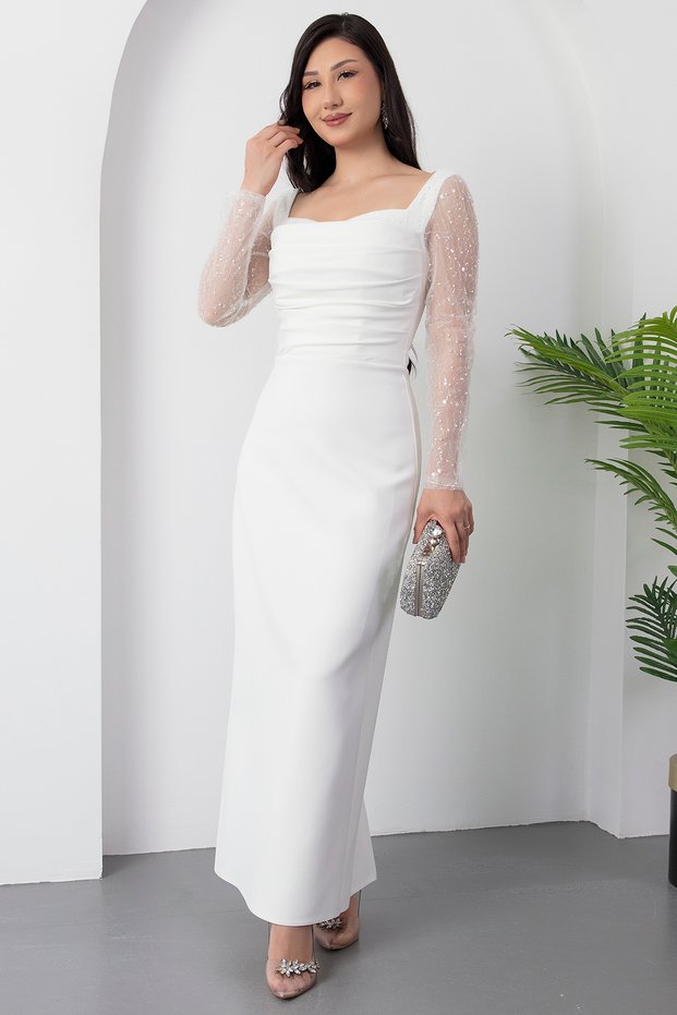 Heart Neckline Puff Sleeves Paillette Evening Dress Ecr5492