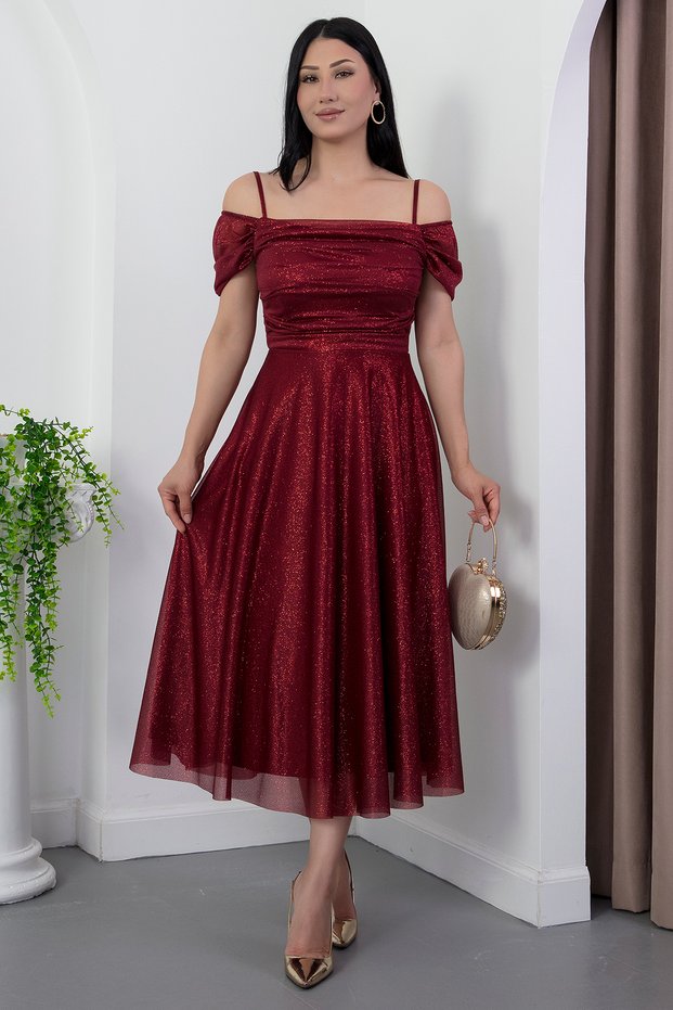 Kare Yaka Askılı Simli Tül Elbise 39976