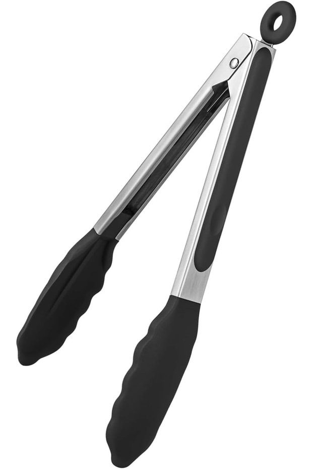 black 1pc 8" Food Tongs Cooking Tongs with Stainless Steel Handles and Heat Resistant Heavy Duty Rub
