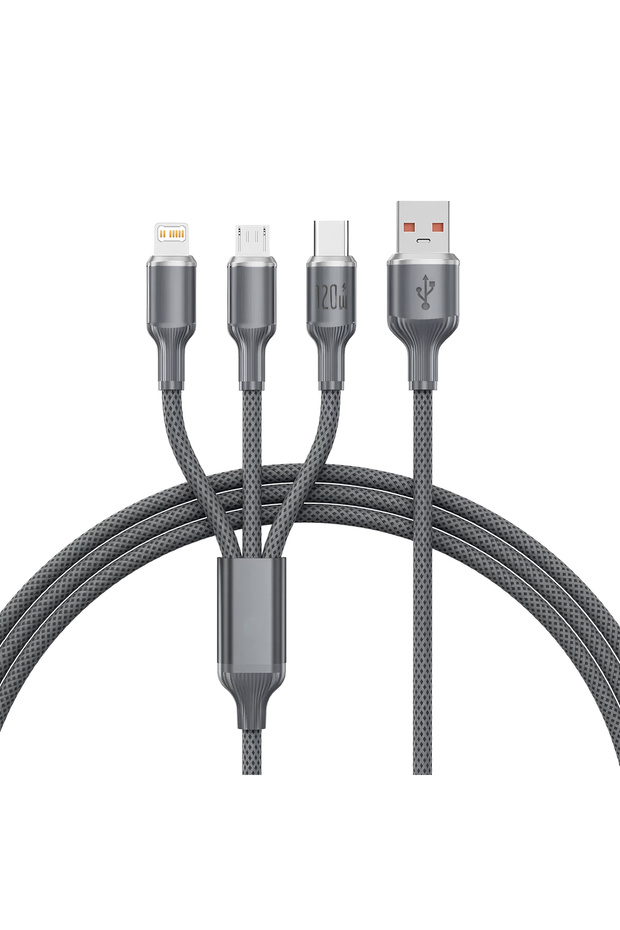 Black 120W 6A 3 In 1 USB Fast Charging Cable Micro USB Type C Charging Cables For Iphone 14 13 12 Hu