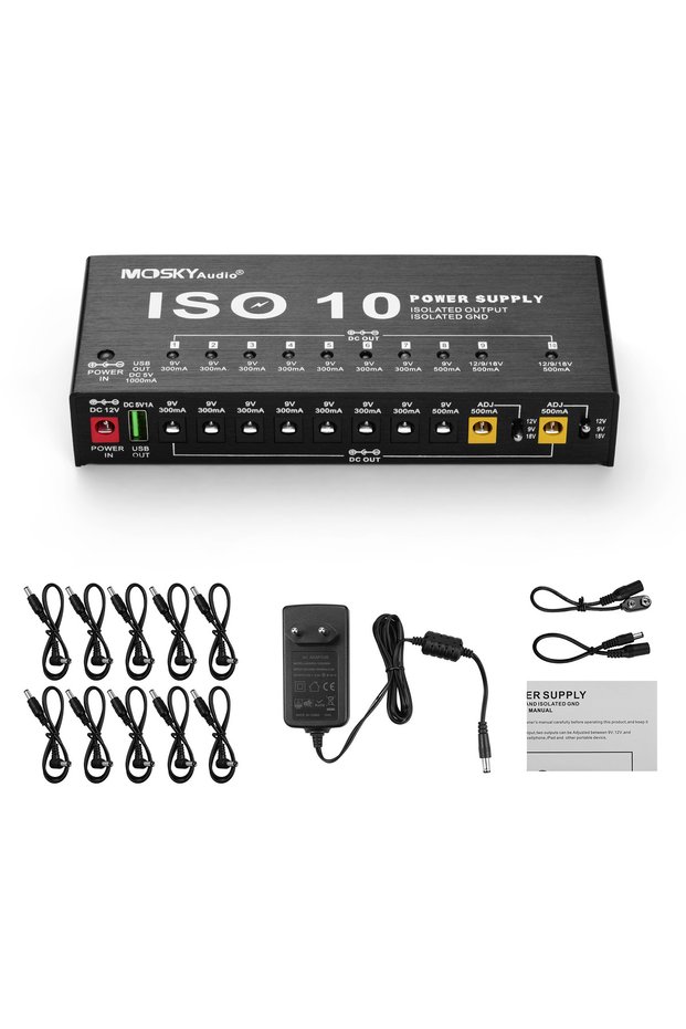 EU MOSKY ISO-10 Guitar Effect Pedal Power Supply 10 Isolated DC Outputs/ 5V USB Output for 9V 12V 18