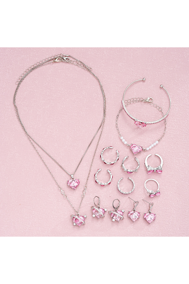 AYA6182002HB 14 PCS Pink Craystal Heart Pendants Necklace Earrings Ring Bracelet Sets For Women Girl