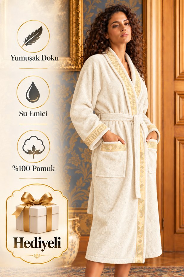 100% Cotton Women's and Men's Bathrobe Cream – Greek Pattern Border, Pockets, Belt, Soft and Water-Absorbent Towel Bathrobe