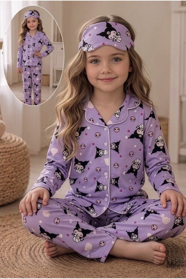 Girl's Cotton Suede Fabric Lilac Color Patterned Shirt Collar Buttoned Pajama Set (with Gift Band)