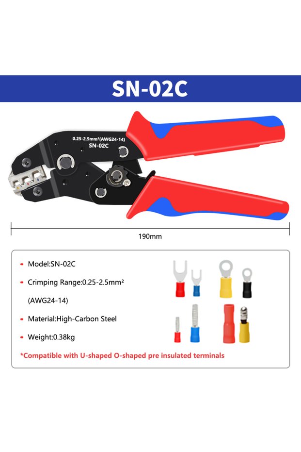 SN-02C Hand Crimping Tool 0.25-2.5mm² Adjustable Ratchat Crimper Plier 280pcs Cable Lugs Assortment