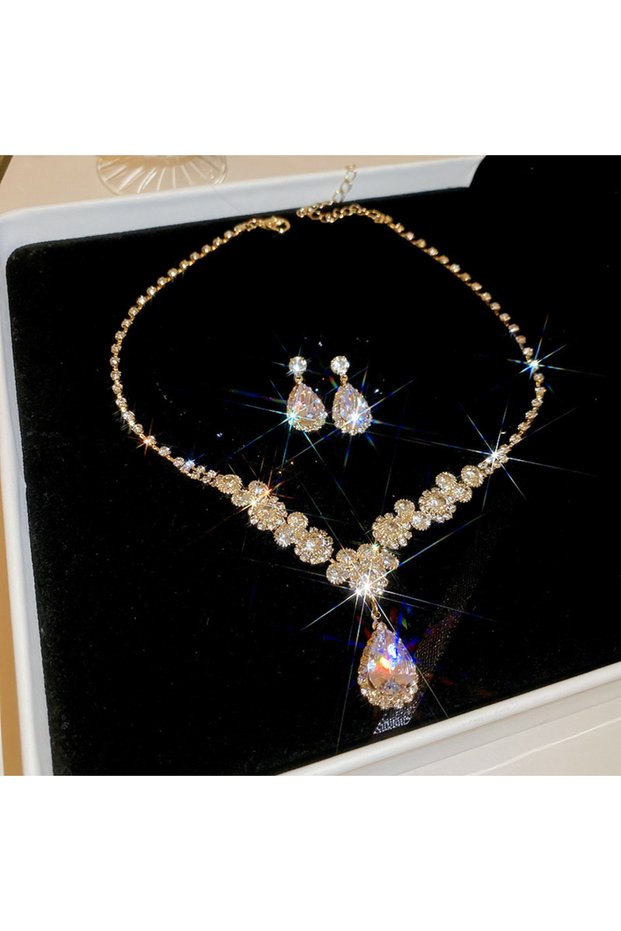 HN6586-1 Water Drop Inlaid Rhinestone Earrings Necklace Set Light Luxury Fashion Pendant Necklaces W
