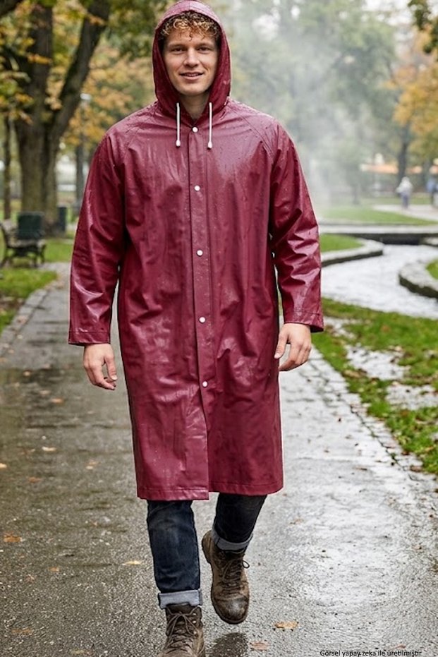 Burgundy Color Eva Fabric Hooded Men's Raincoat