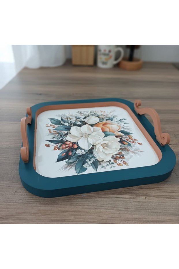 Floral Patterned Hand Painted Wooden Tea-Coffee Tray, Presentation Tray 30X30Cm
