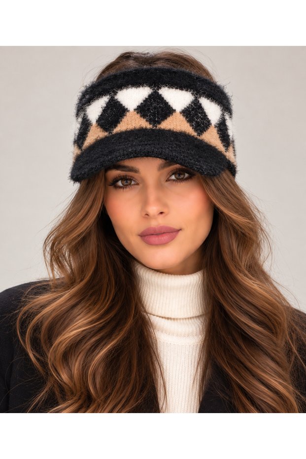 Winter Visor Mohair Knitwear Woven Argyle Pattern Hat