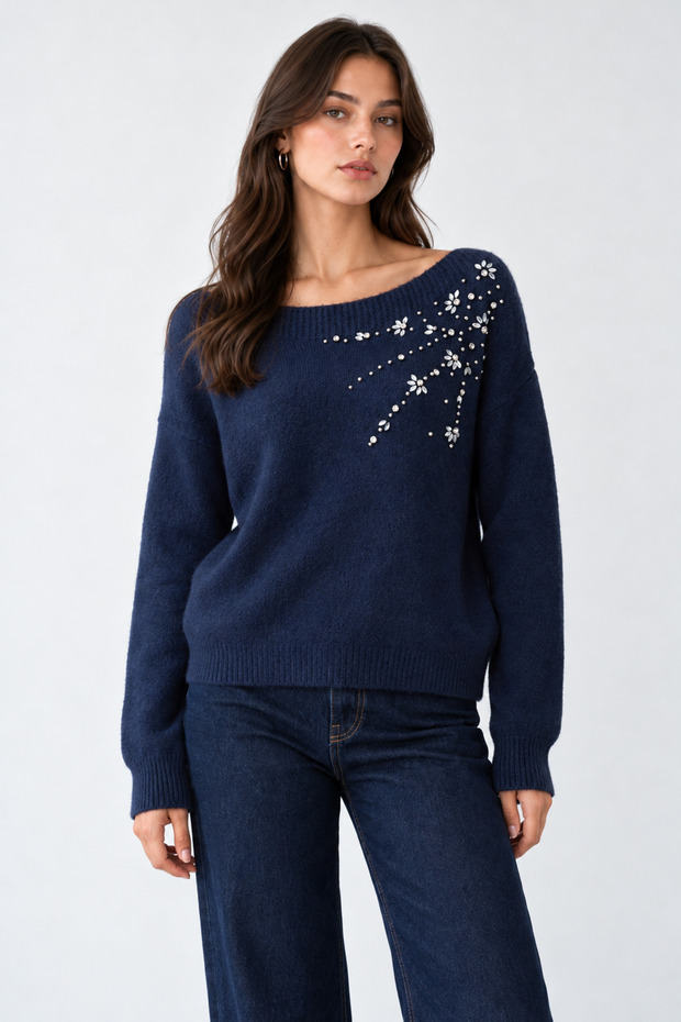 Women's Navy Blue Boat Neck Embroidered Stone Detailed Sweater