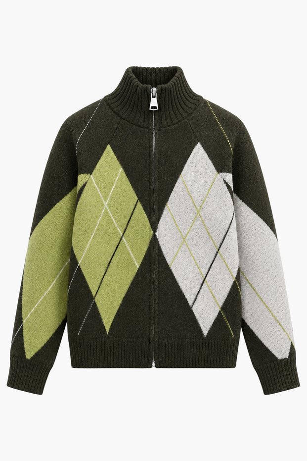 Women's Dark Khaki Ecru Green Diamond Patterned Zippered High Collar Soft Textured Knitwear Cardigan