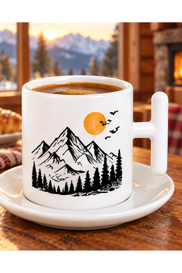 Minimalist Nature-Themed Coffee Cup with Mountain and Forest Views