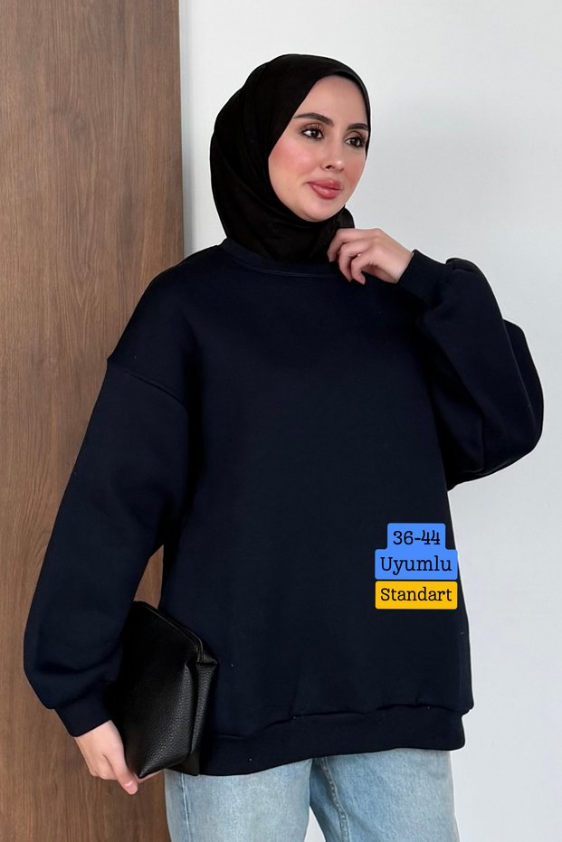 Women's 3 Thread Threaded Crew Neck Basic Hijab Sweatshirt 397 Navy Blue