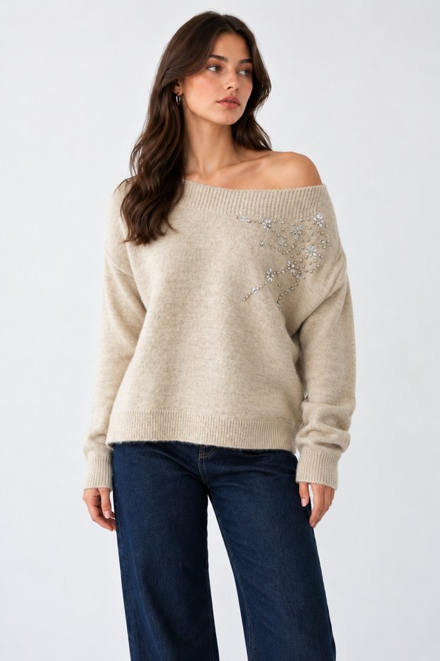 Women's Beige Boat Neck Embroidered Stone Detailed Sweater