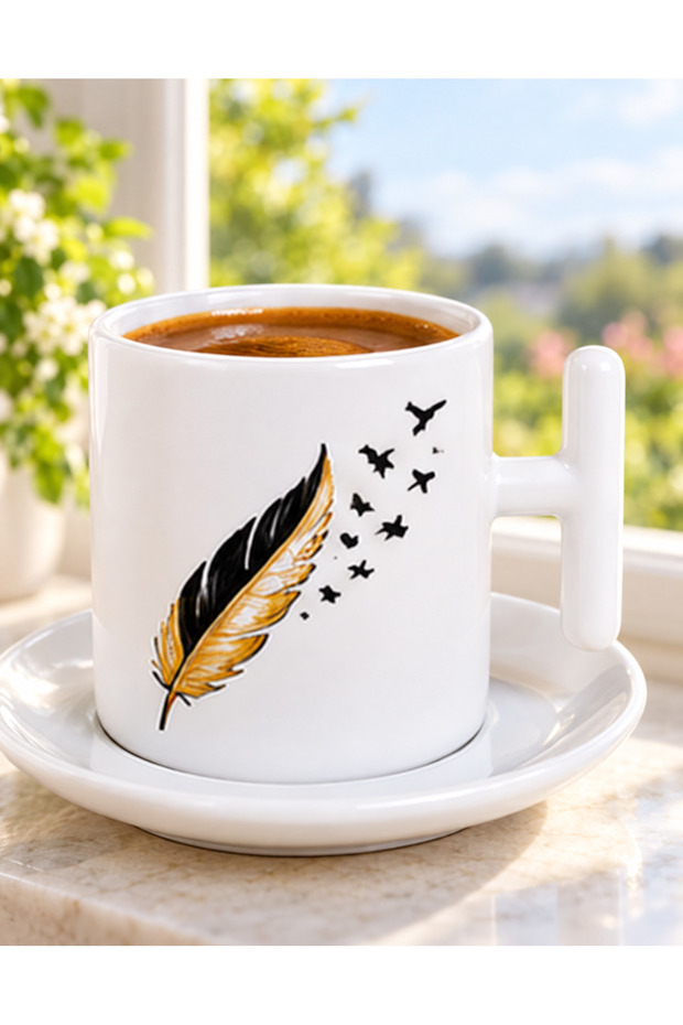 Gold Detailed Black Feather and Bird Figured Coffee Cup