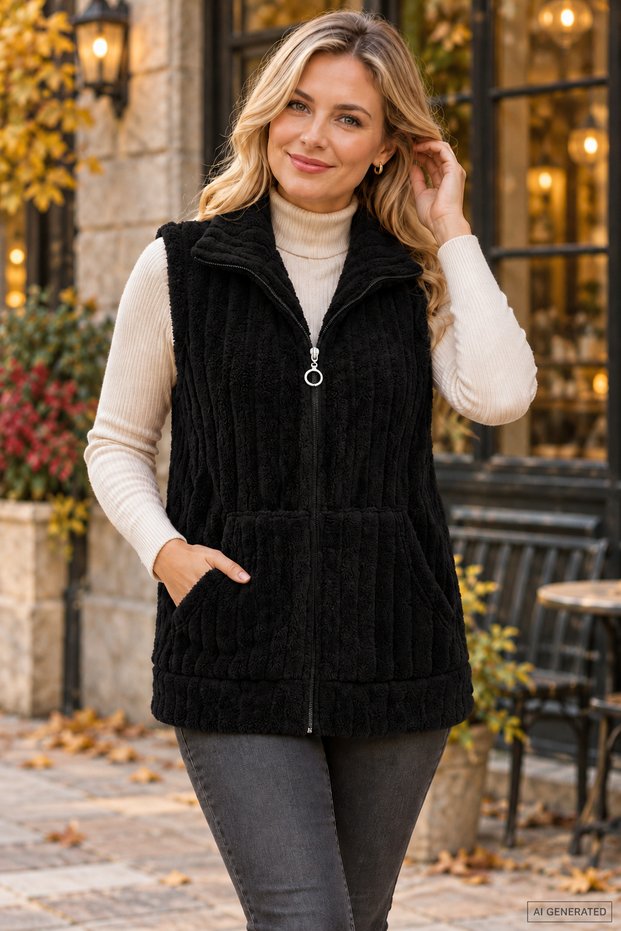 Vertical Textured Ring Zipper Plush Women's Vest