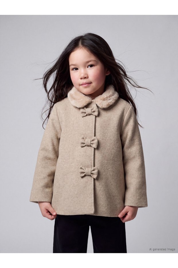 Beige Fur Baby Collar Girls' Cashmere Coat