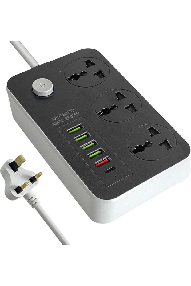 كابل تمديد شرائط الطاقة SKY-TOUCH بثلاثة منافذ، مقبس طاقة مع 5 منافذ USB ومنفذ واحد من النوع C عالمي