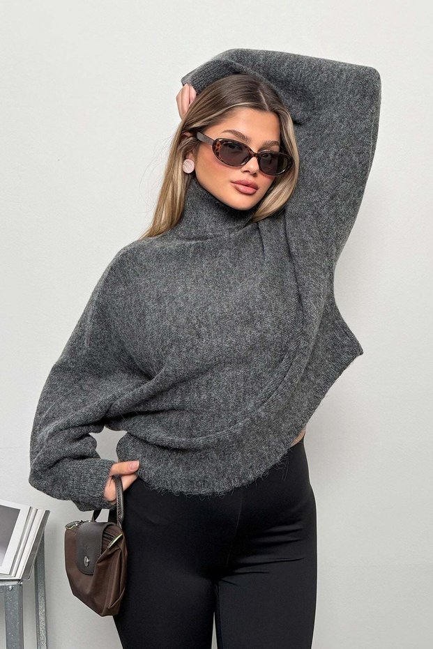 Women's Turtleneck Bat Sleeve Knitwear Sweater Anthracite - 27K 2687