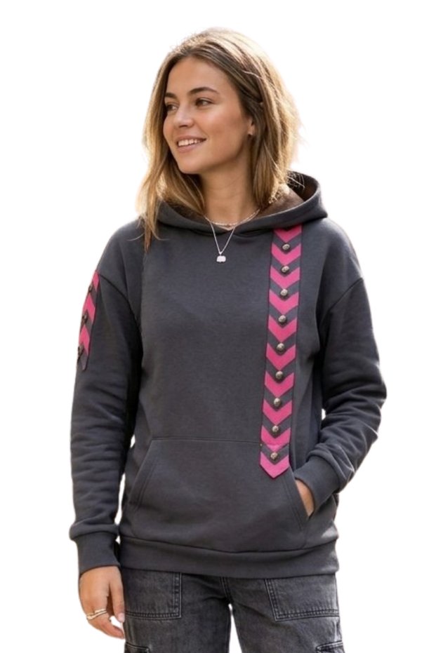 Women's Anthracite 100% Cotton Stripe Detailed Special Design Hooded Sweatshirt Vr.S.1003